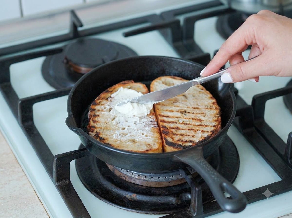 Du fromage à la crème à lail étalé en douceur sur une tranche de pain au levain grillé dans une poêle en fonte.