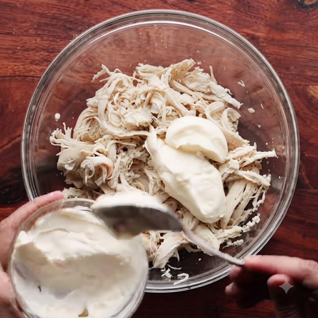 De la mayonnaise versée à la cuillère dans un bol en verre rempli de poulet effiloché.