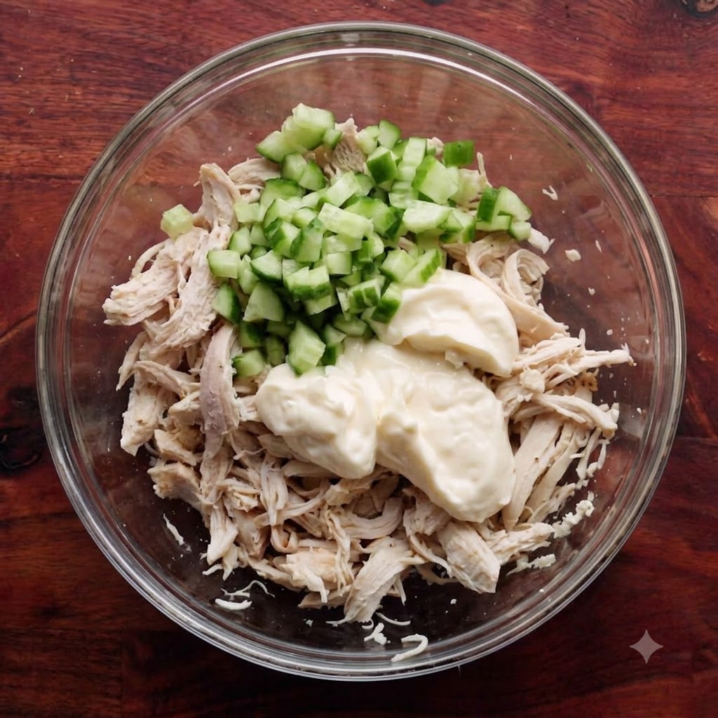 Des morceaux de concombres verts finement coupés ajoutés dans le bol en verre avec le poulet et la mayonnaise.