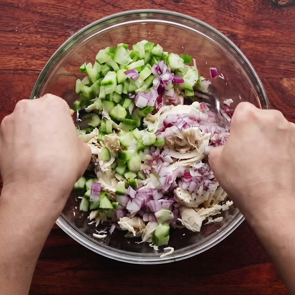 Deux mains utilisant des fourchettes pour mélanger le poulet, le concombre, loignon et la mayonnaise dans un bol en verre.