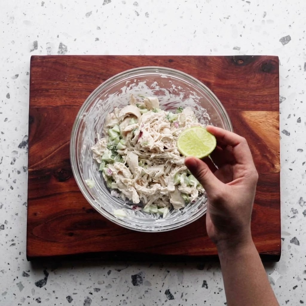 Une main tenant un demi-citron vert frais au-dessus du bol de salade de poulet mélangée.