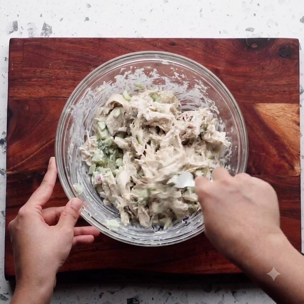 Un bol en verre transparent rempli dun mélange crémeux de salade de poulet et de légumes en train dêtre remué avec une fourchette.