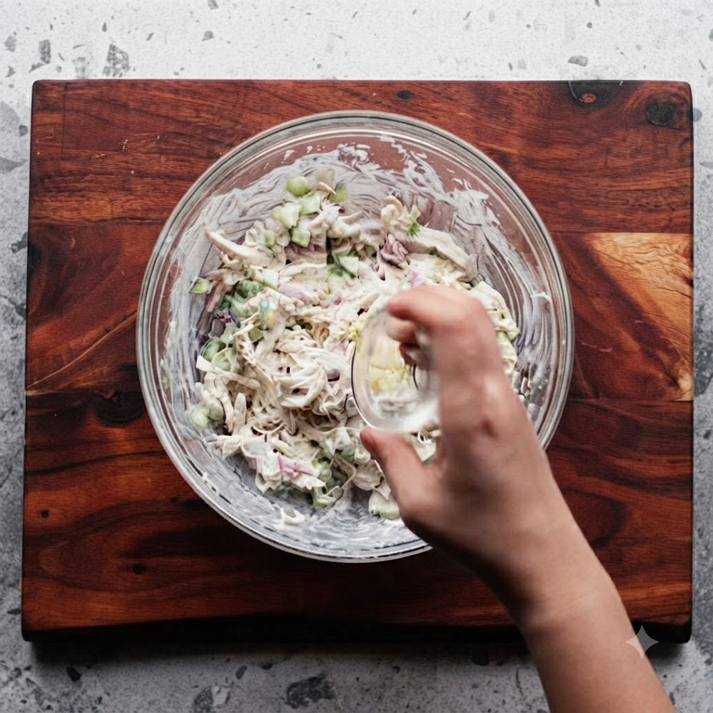 Une main versant de lail haché dun petit plat en verre dans un bol de salade de poulet.