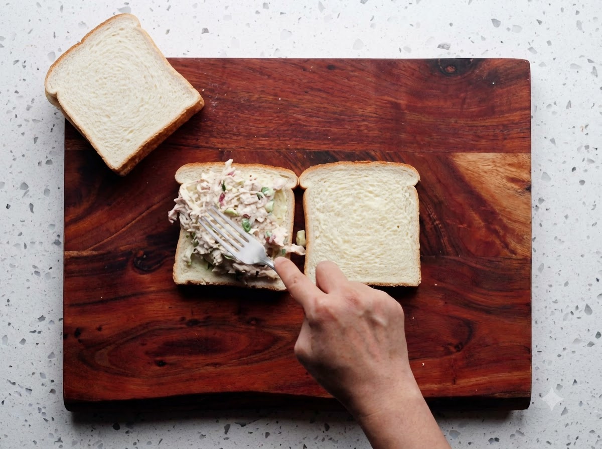 Une fourchette déposant de la salade de poulet sur une tranche de pain blanc beurrée posée sur une planche en bois.