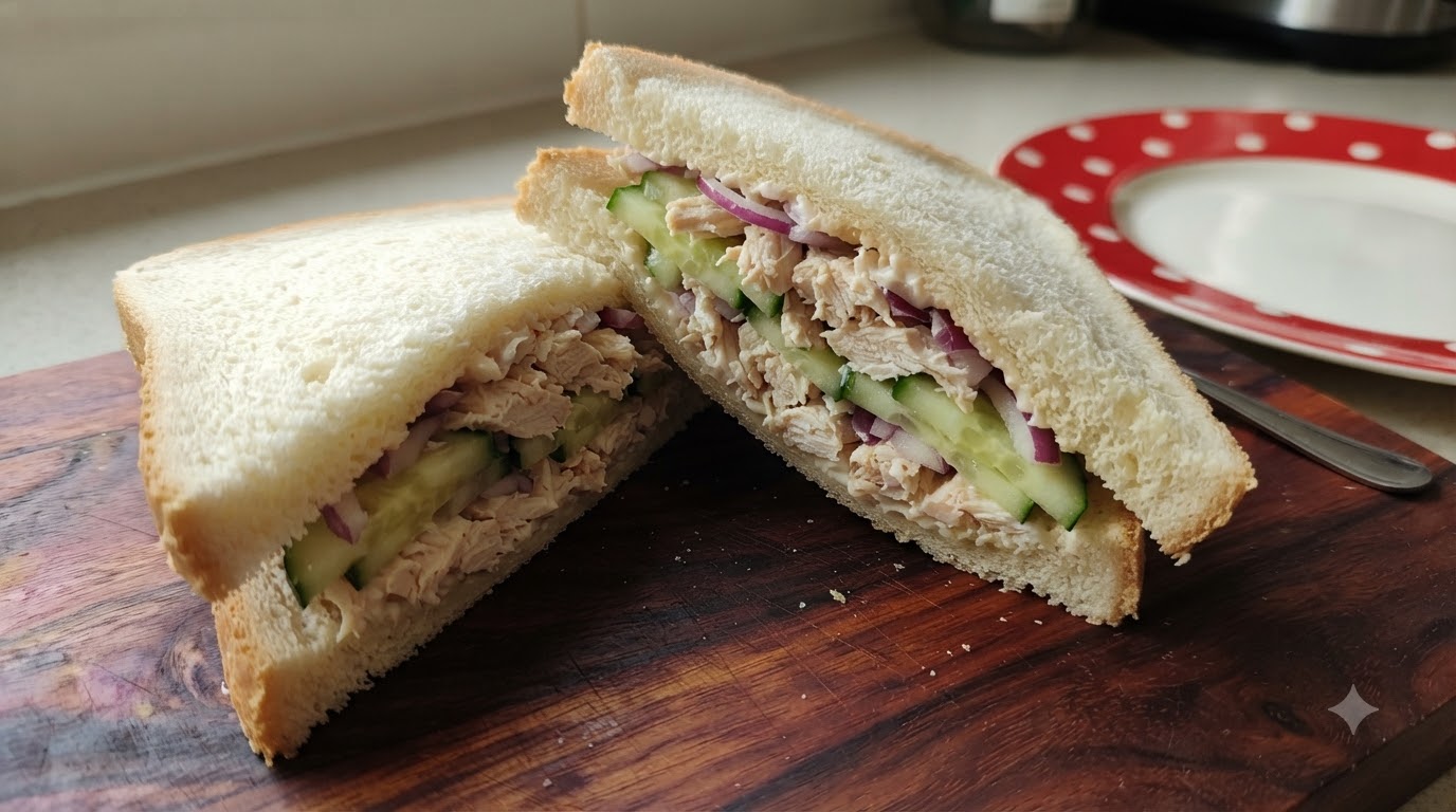 Deux moitiés de sandwich au poulet garnies de poulet effiloché, de mayonnaise, de concombre et doignon rouge