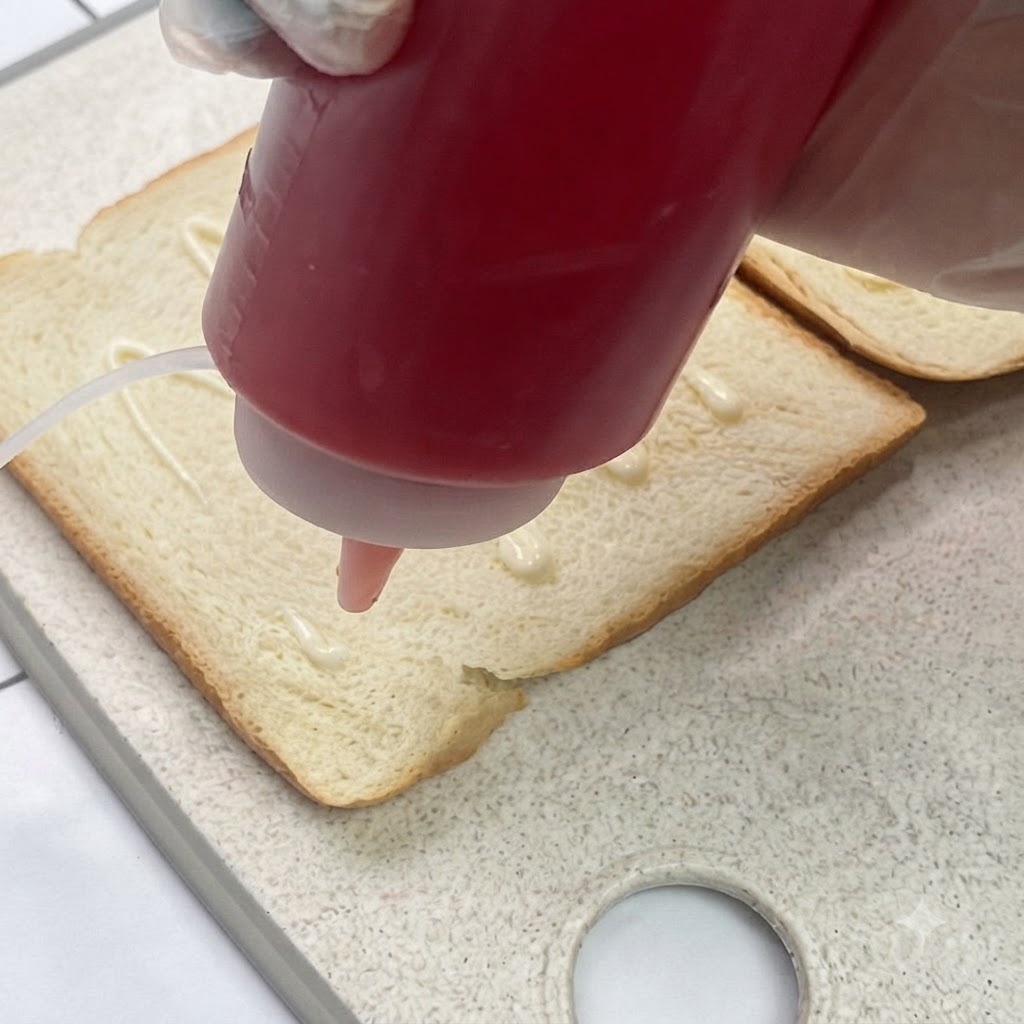 Sauce pour salade et ketchup pressés en zigzag sur une tranche de pain de mie.