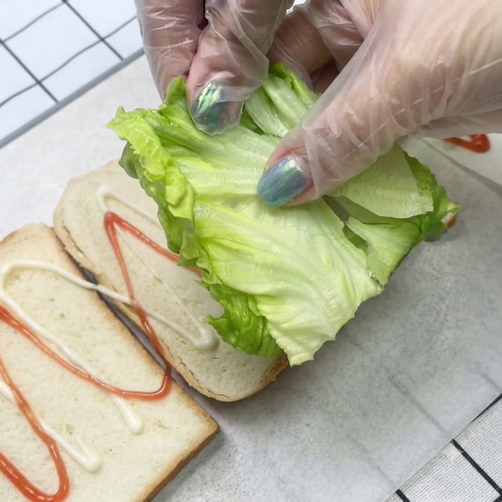 Mains gantées plaquant une feuille de laitue verte fraîche sur une tranche de pain recouverte de sauce.