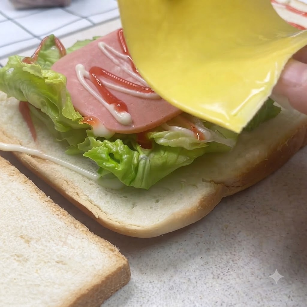 Une tranche de fromage jaune placée sur le jambon sur une station dassemblage de sandwich avec de la sauce pour salade.