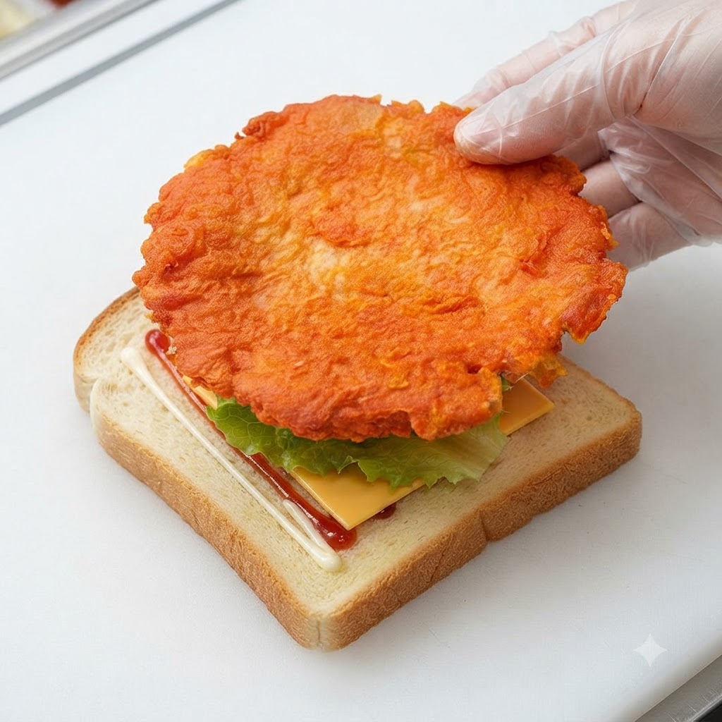 Une côtelette de poulet aromatisée façon Orléans posée sur une tranche de fromage jaune et du pain.