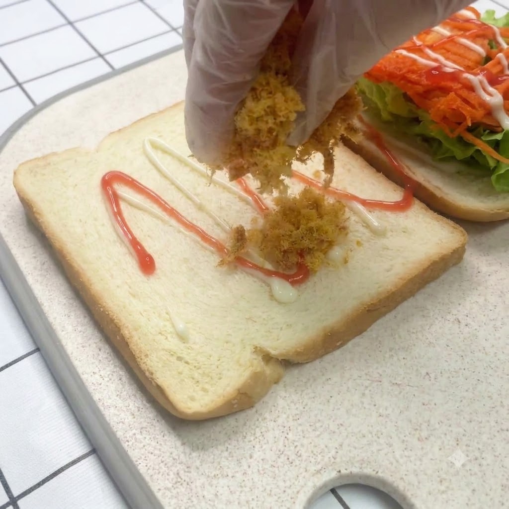 Du floss de porc saupoudré uniformément sur une tranche de pain de mie recouverte de sauce.