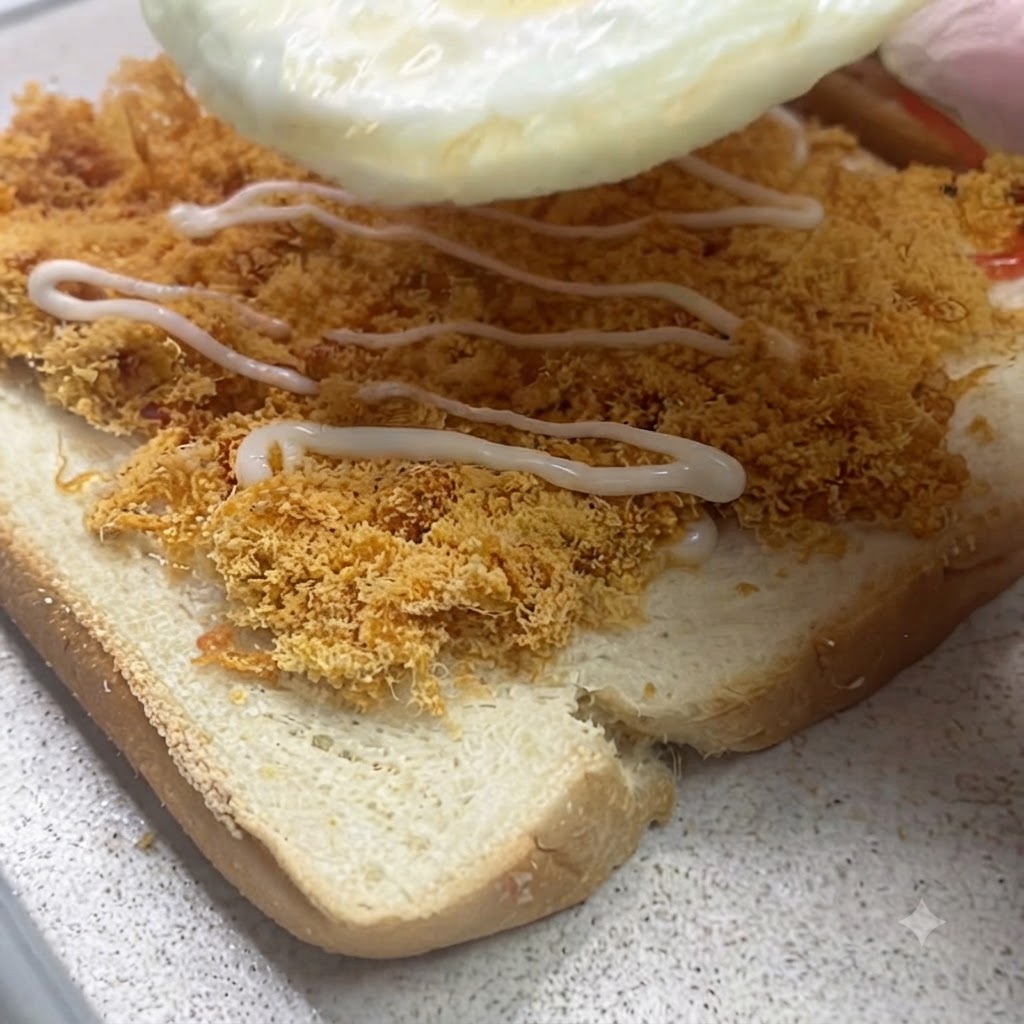 Un œuf au plat abaissé sur une couche de floss de porc avec de la vinaigrette arrosée sur du pain de sandwich.