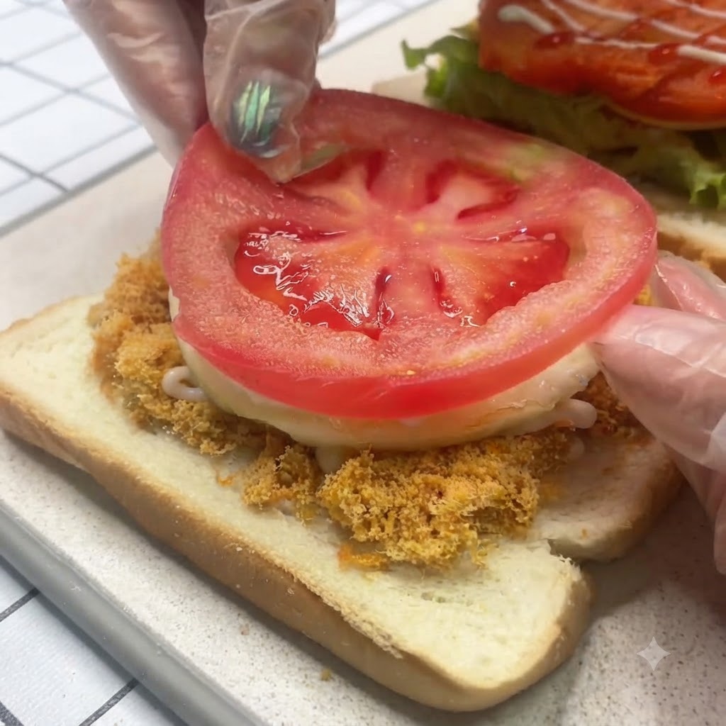 Une tranche de tomate fraîche posée sur un œuf au plat dans une pile de sandwichs.