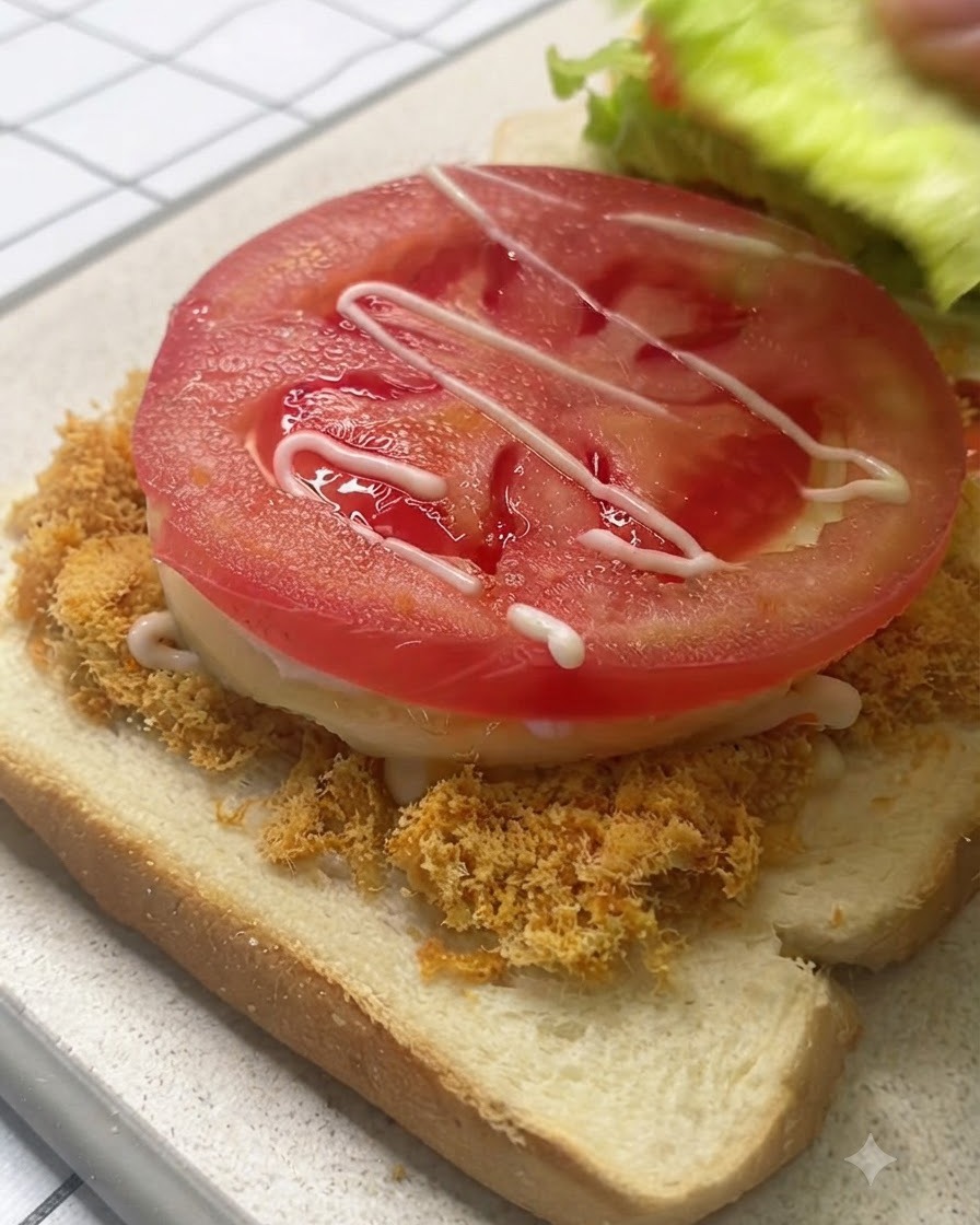 Une feuille de laitue fraîche posée sur une tranche de tomate sur un sandwich garni prêt à être fermé.