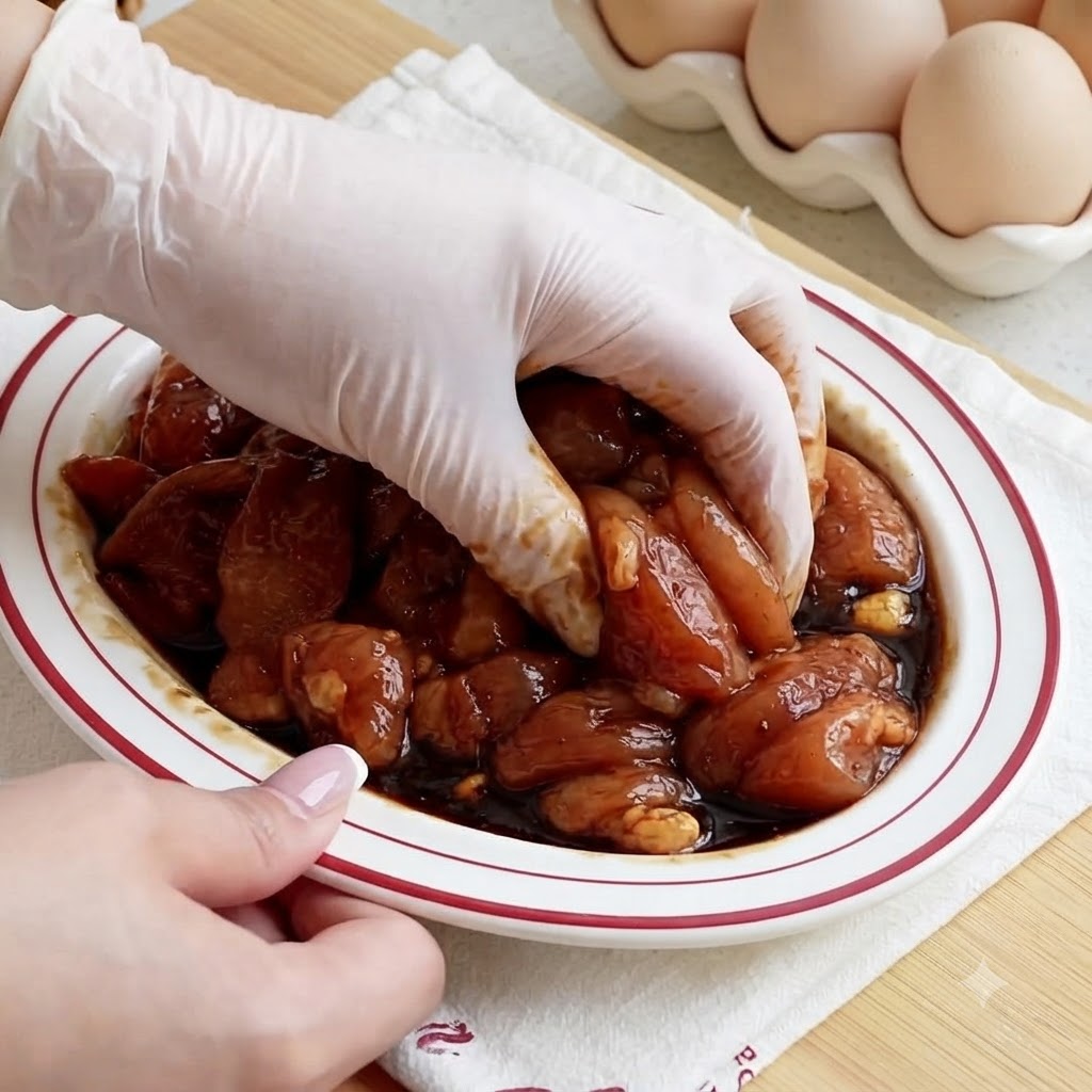 Des mains gantées mélangeant et massant des lamelles de poulet assaisonnées à lintérieur dune assiette blanche.