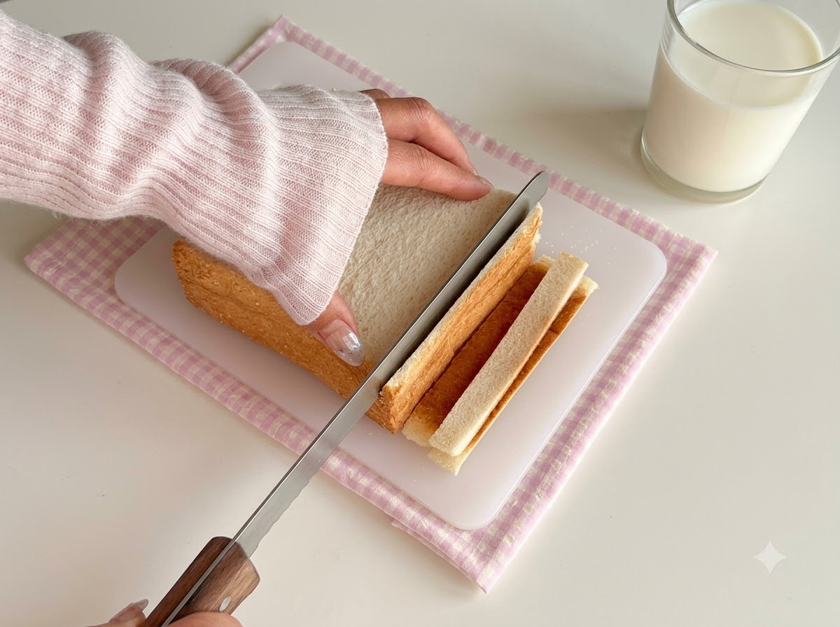 Des tranches de pain de mie en train dêtre parées avec un couteau sur une planche à découper.