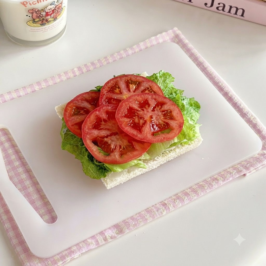 Une tranche de pain placée sur le dessus des légumes superposés.