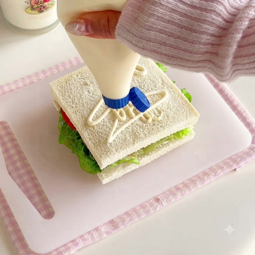 De la sauce pour salade appliquée en motif à partir dune bouteille en plastique sur une tranche carrée de pain de mie.