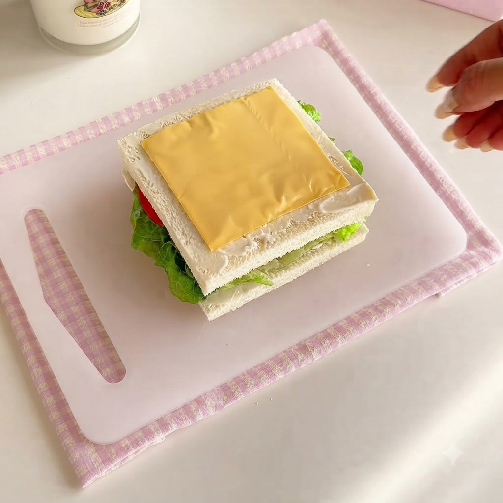 Une tranche carrée de fromage jaune posée bien droite sur les couches de sandwich assemblées.