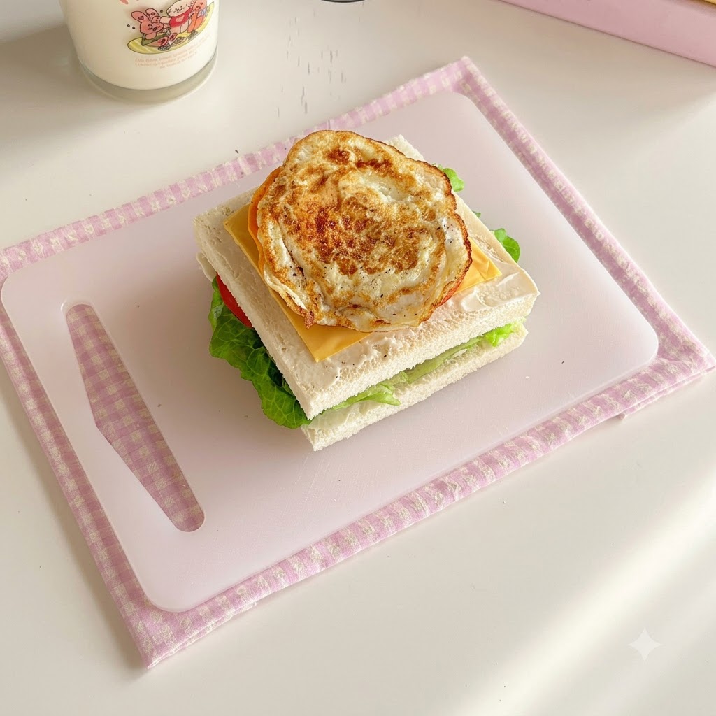 Un œuf au plat reposant sur les couches du sandwich avec du poivre noir fraîchement moulu saupoudré par-dessus.