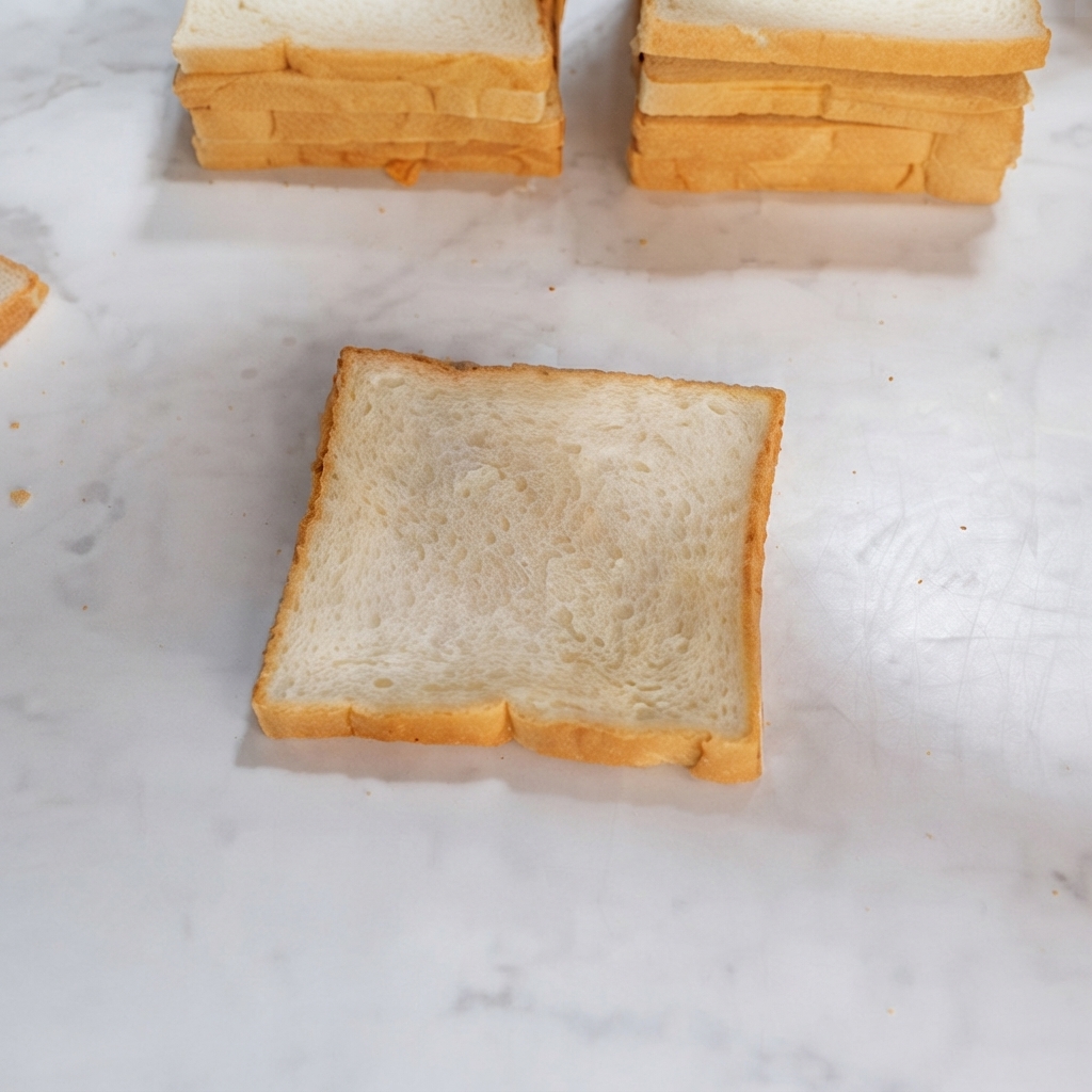 Gros plan sur une tranche de pain blanc avec des lignes de mayonnaise disposées en zigzag.