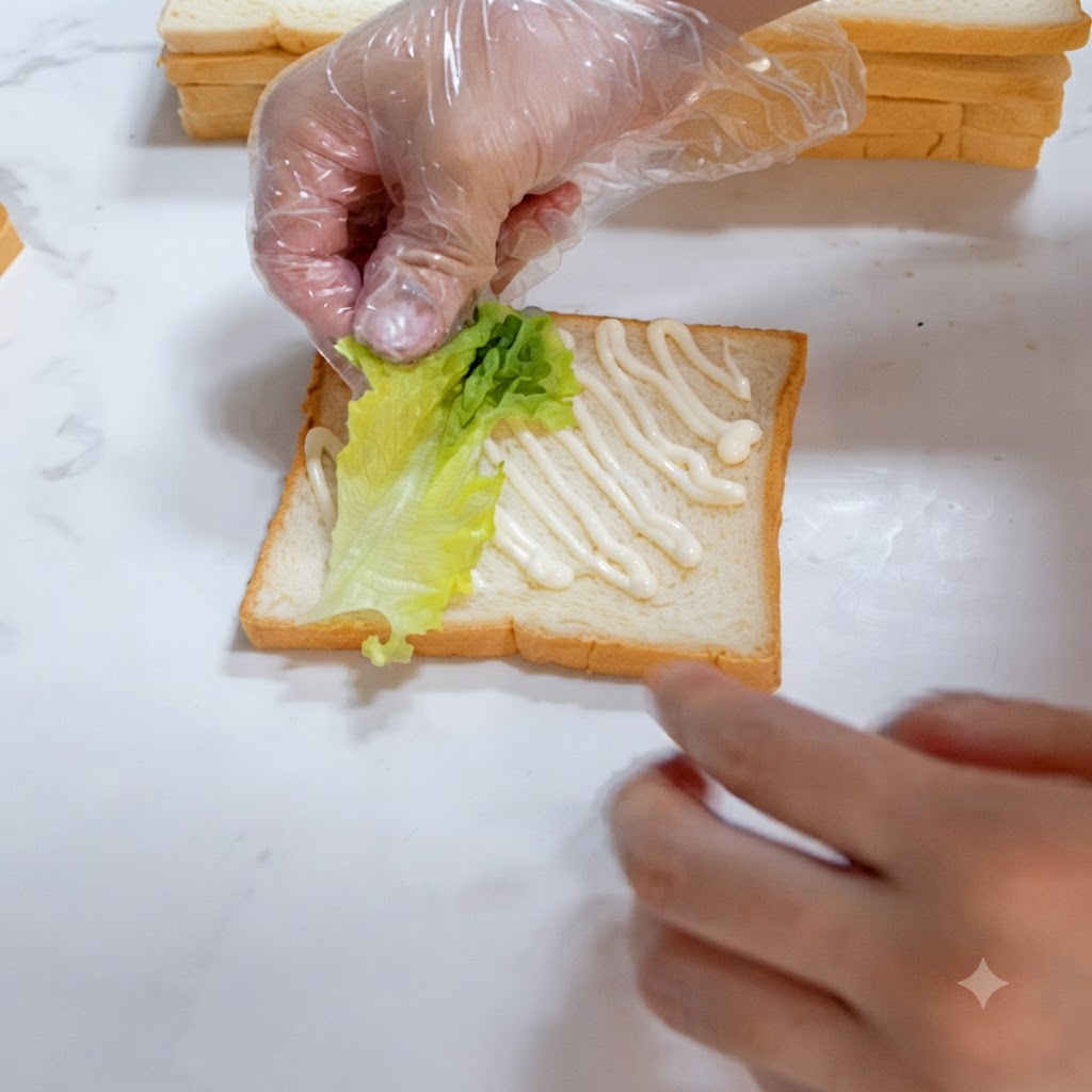 Mains gantées plaquant soigneusement une feuille de laitue verte fraîche sur la tranche de pain garnie de sauce.