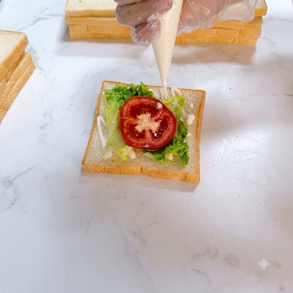Sauce pour salade pressée à partir dune poche à douille sur une tranche de tomate rouge reposant sur la laitue.