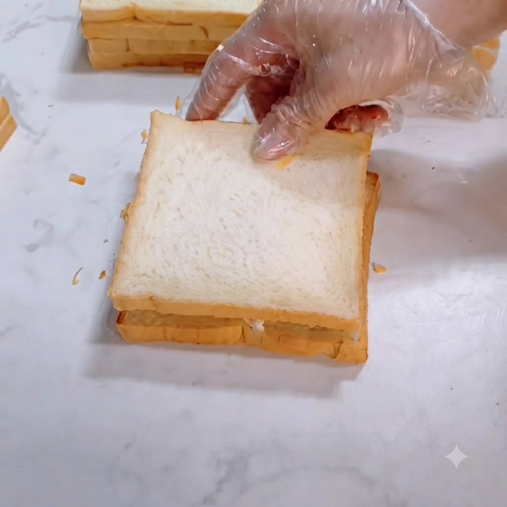 Une main gantée pressant délicatement une seconde tranche de pain sur la garniture du sandwich.