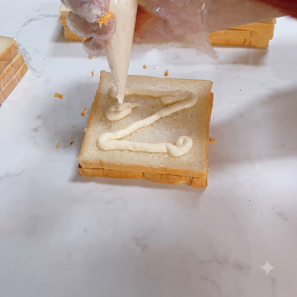 Sauce pour salade pressée en motif zigzag sur un morceau de pain de sandwich.