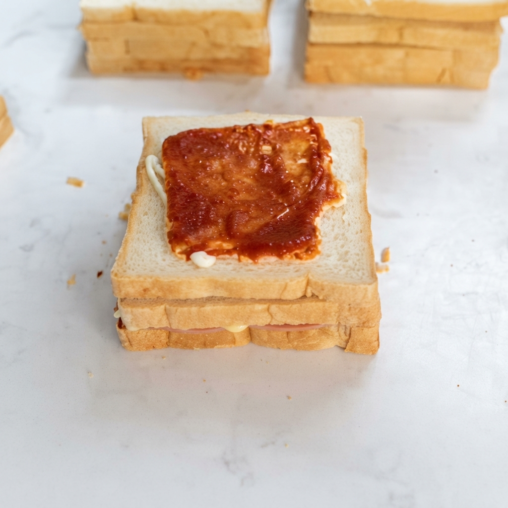 Sauce pour salade appliquée en lignes en zigzag sur une escalope de poulet marinée à lOrléanaise disposée sur du pain en couches.