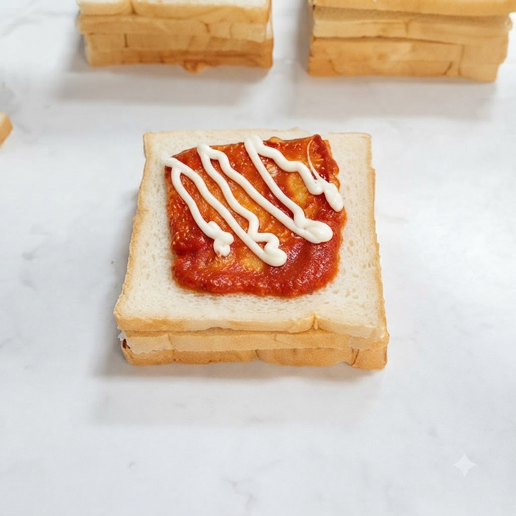 La dernière tranche supérieure de pain de sandwich blanc pressée sur la pile assemblée.