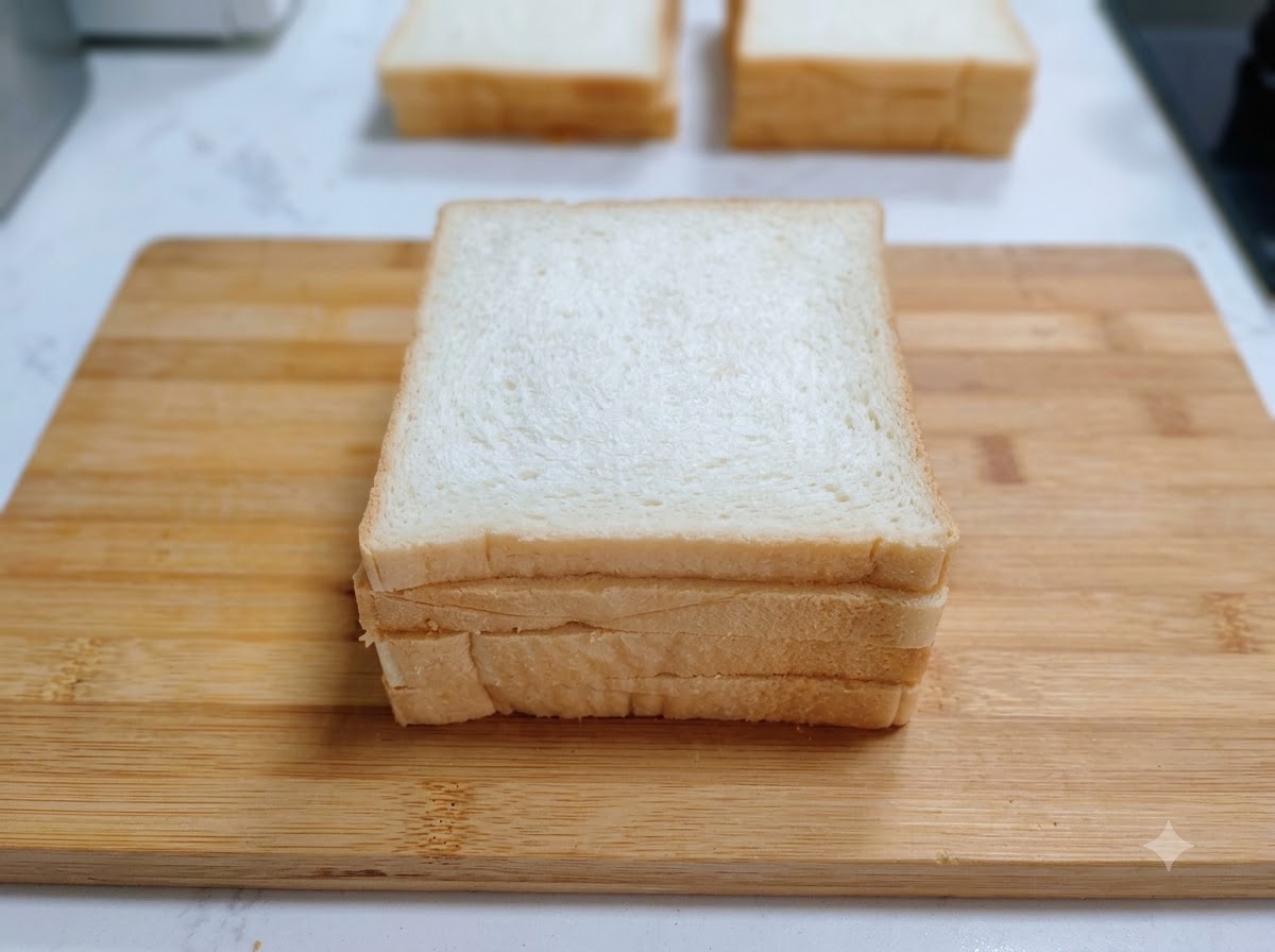 Un sandwich multicouche assemblé reposant sur une planche à découper en bois, prêt à être paré.