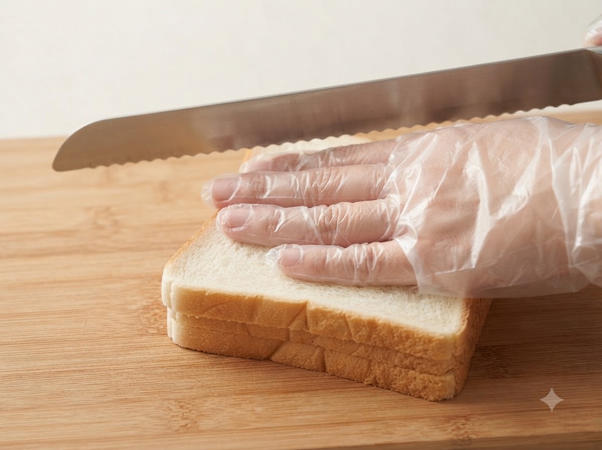Une main gantée tenant un couteau dentelé pour tailler les coins dun sandwich empilé.