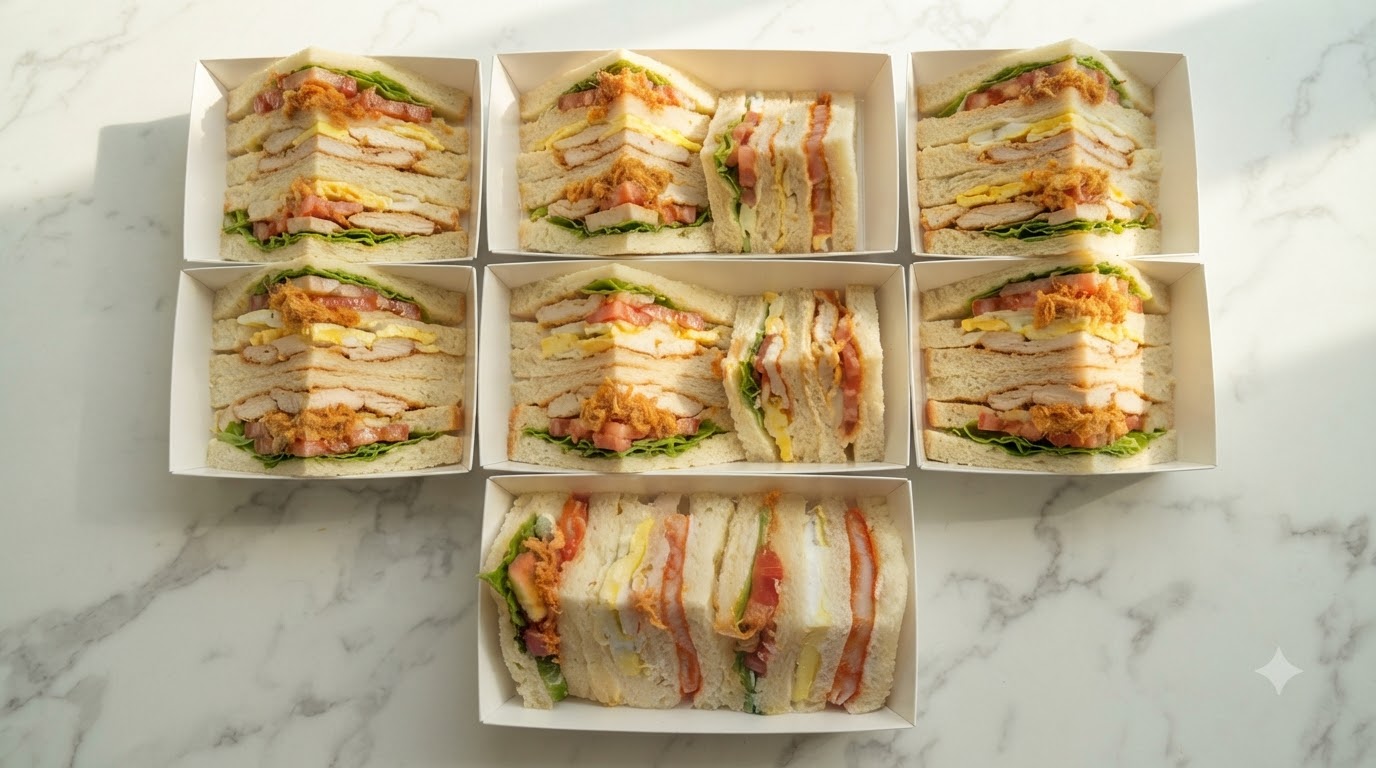 Une vue rapprochée de plusieurs boîtes en papier blanc soigneusement remplies de sandwichs triangulaires multicouches aux fruits et légumes.