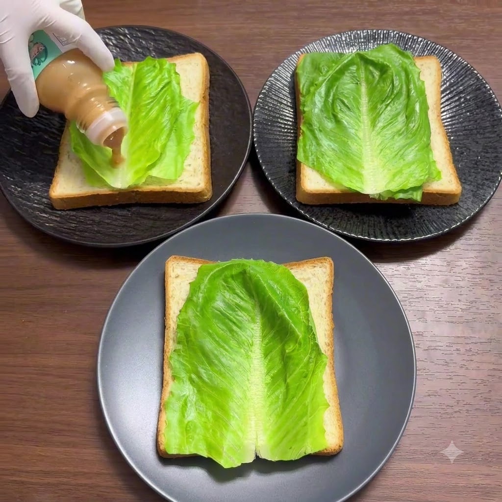 Une main gantée pressant une bouteille de sauce salade sans matière grasse sur la couche de laitue dun sandwich.