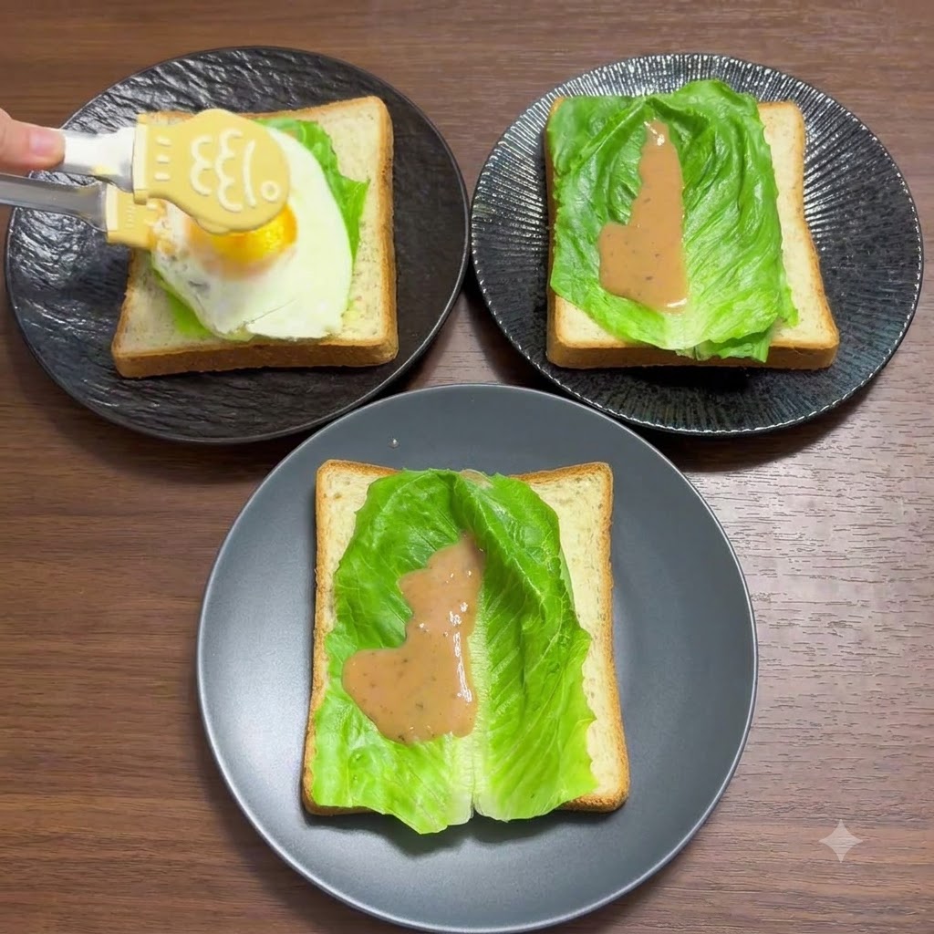 Une paire de pinces de cuisine jaunes plaquant un œuf coulant cuit sur la couche de laitue et de sauce.