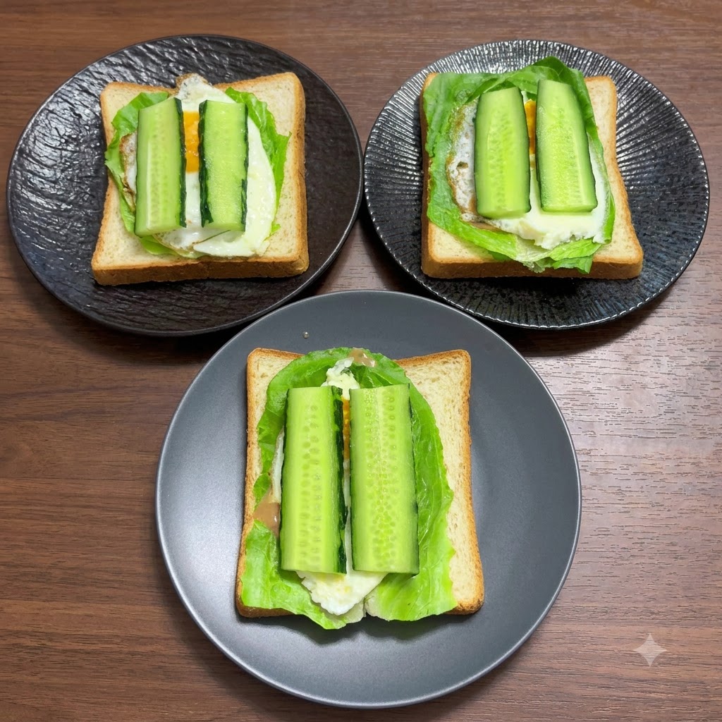 Trois tranches de pain complet préparées avec de la laitue, un œuf au plat et des tranches de concombre.