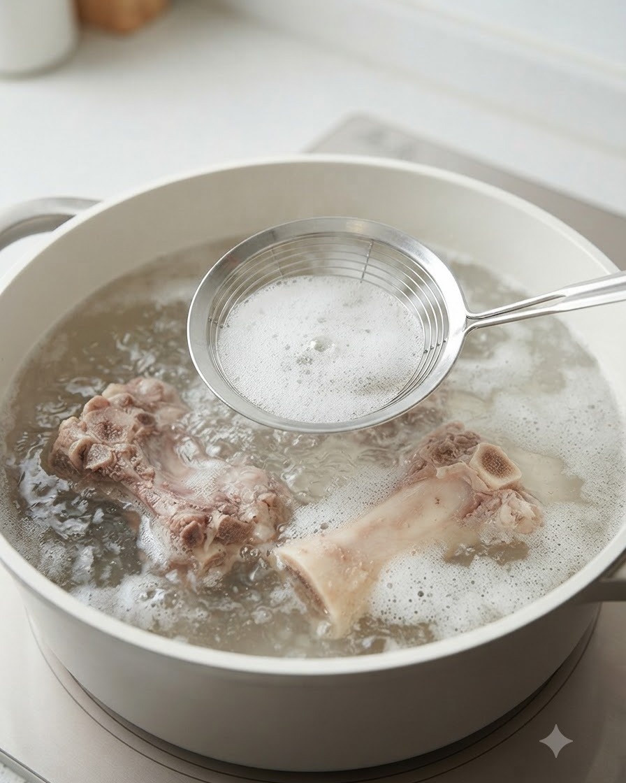 Une écumoire en métal retirant lécume de leau bouillante contenant des côtes de porc dans une casserole blanche.