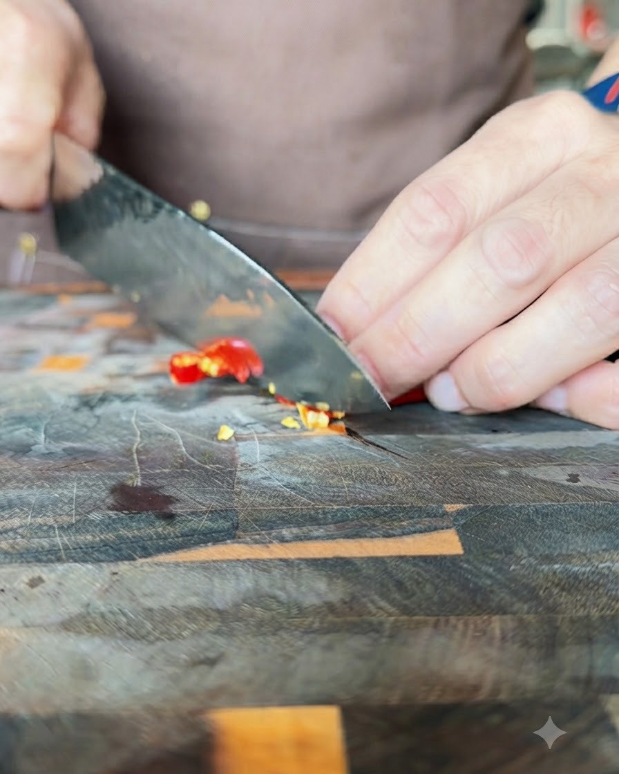 Un couteau de cuisine coupant de vifs piments rouges et verts sur une planche en bois.