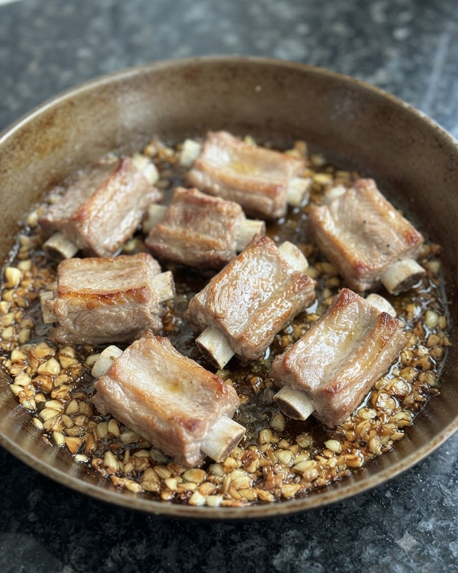 Côtes de porc blanchies en train de dorer dans une poêle entourées dail frit et dhuile.