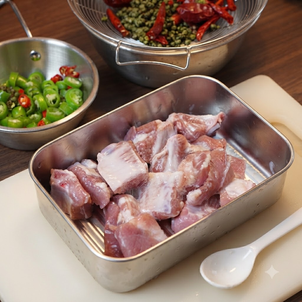Morceaux de travers de porc crus dans un plateau en métal enrobés de fécule de maïs aux côtés de bols de piments tranchés.