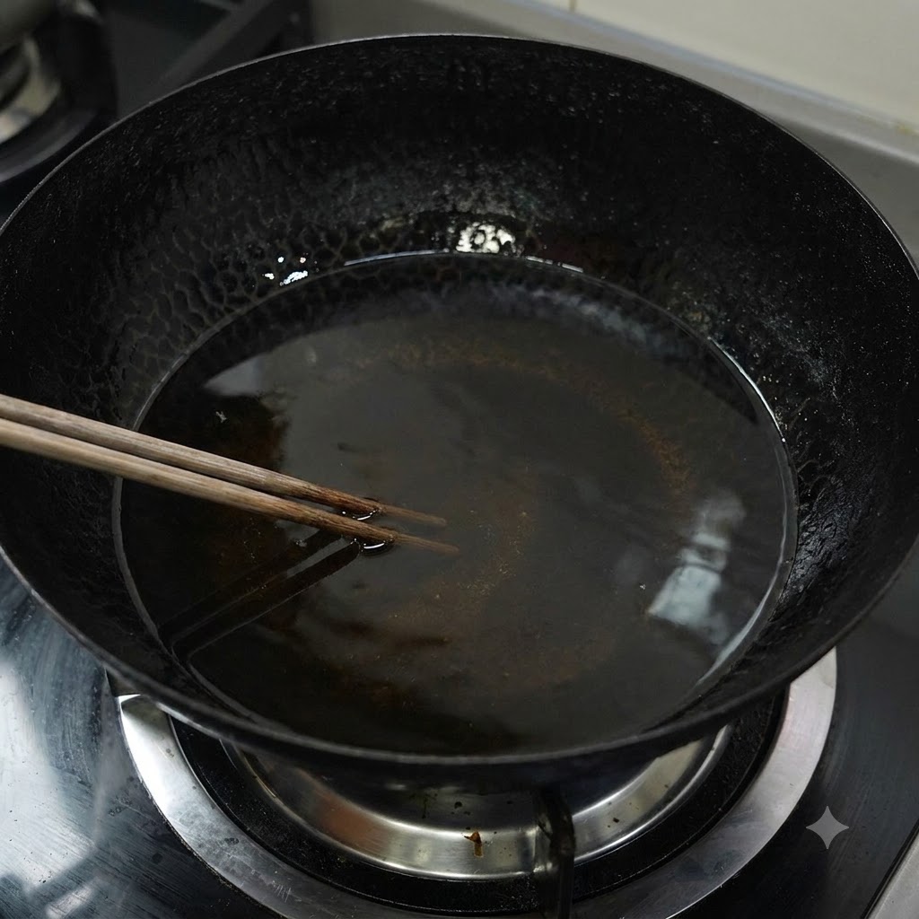 Grand wok noir rempli dhuile chaude avec des baguettes en bois pendant la friture.