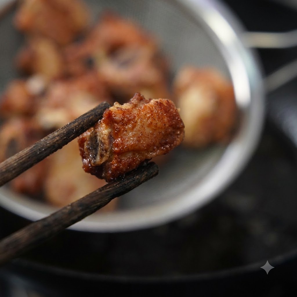 Morceau de travers de porc frit tenu avec des baguettes, avec une passoire de travers frits en arrière-plan flou.