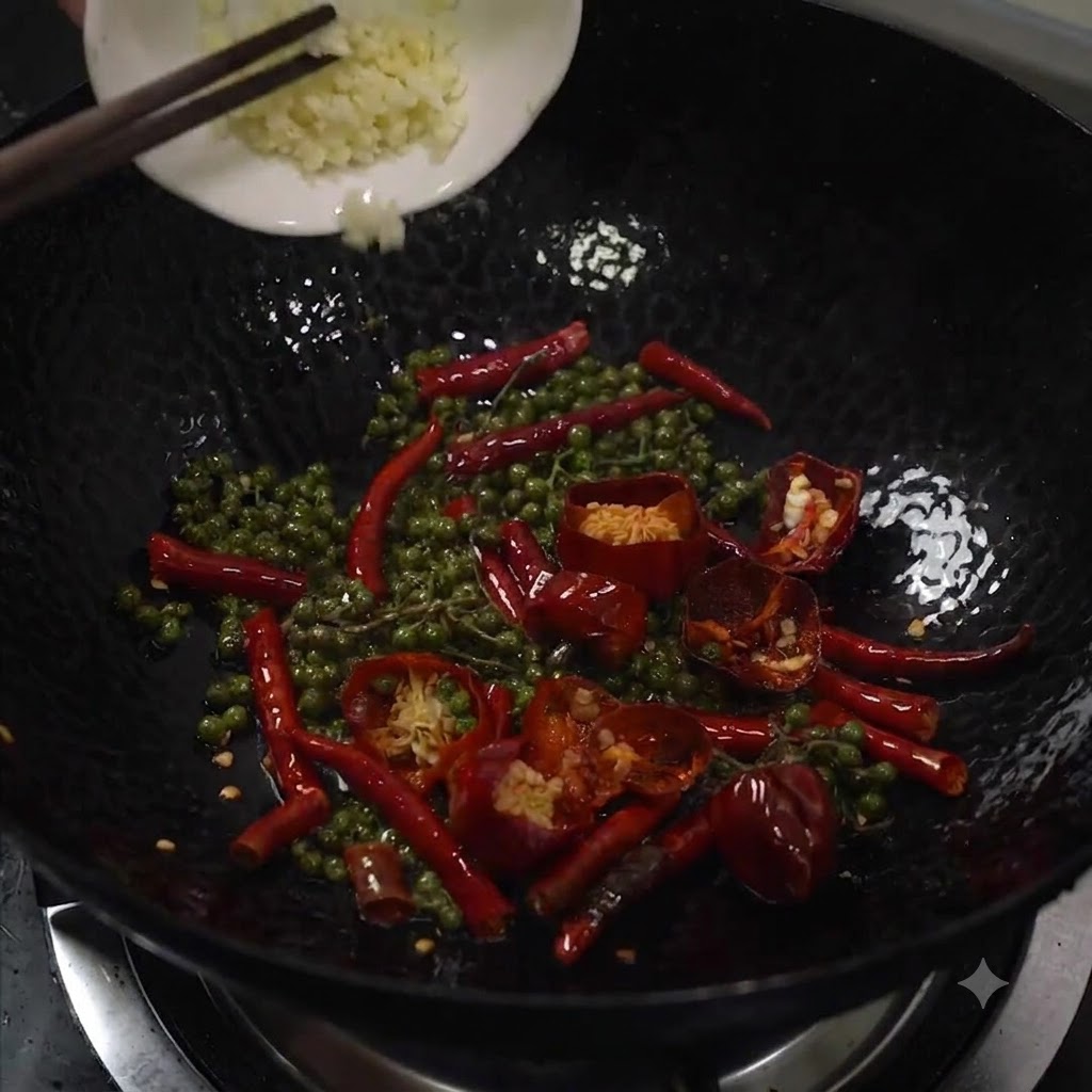 Ail haché versé dun petit plat blanc dans un wok chaud contenant du poivre vert et des piments séchés.