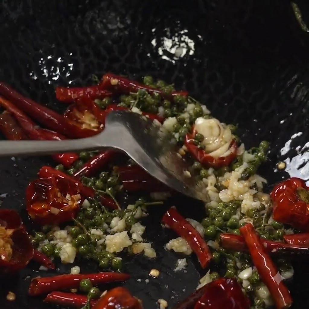 Spatule en métal mélangeant des travers de porc frits avec du poivre vert, des piments séchés et de lail haché dans un wok.