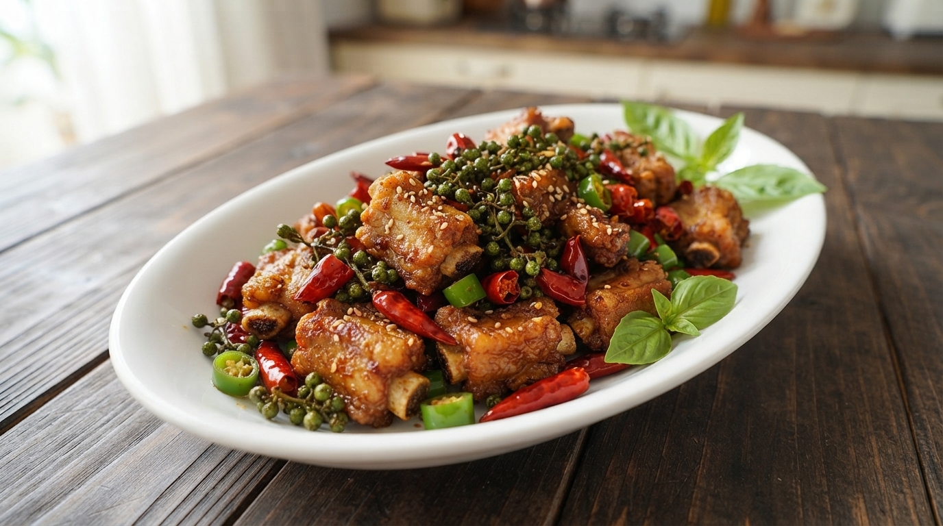Travers de porc sautés au poivre vert du Sichuan