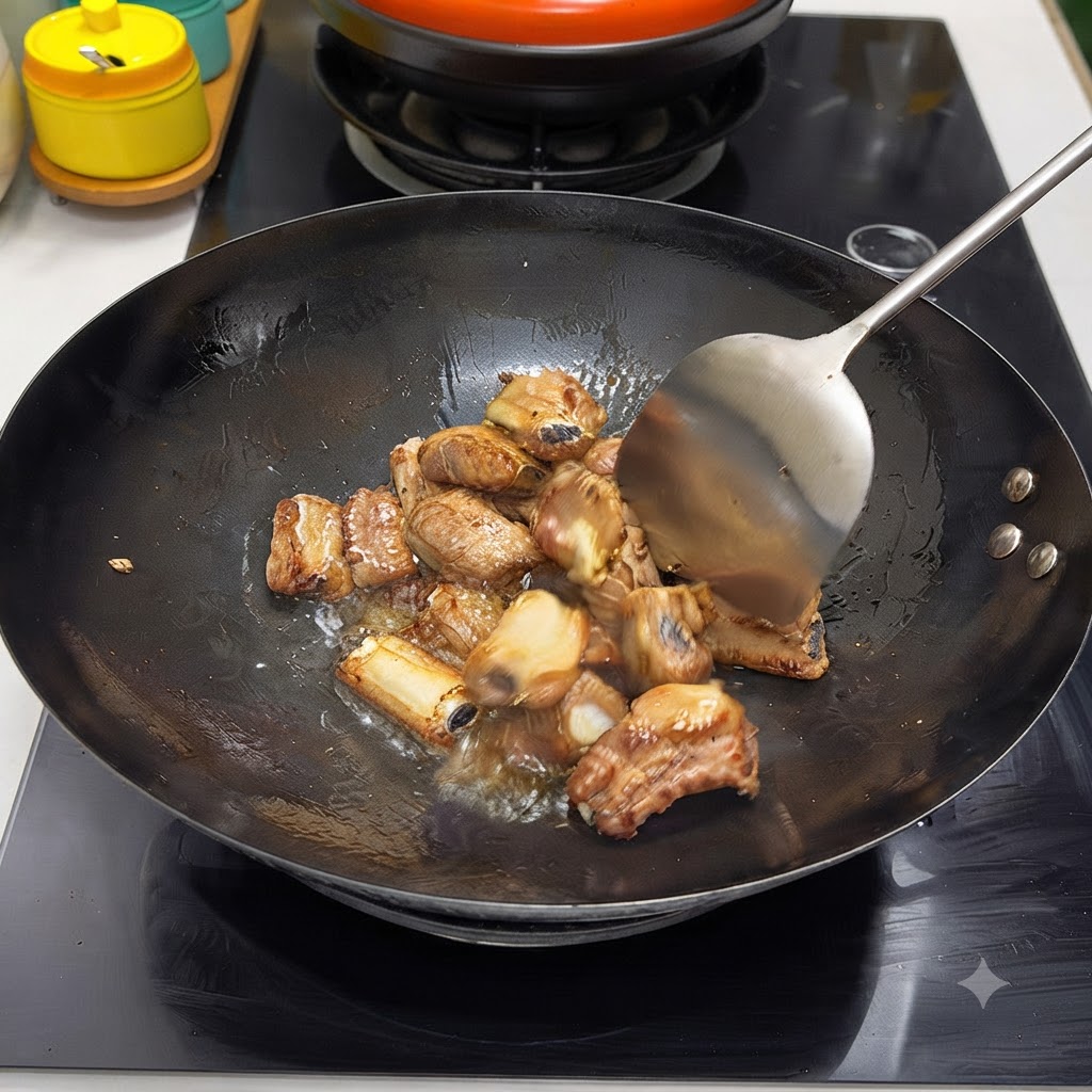 Des côtes de porc en train dêtre sautées dans un wok à laide dune spatule en métal.