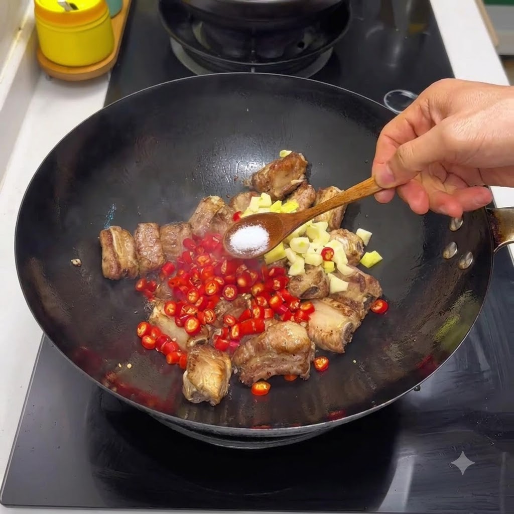 Une cuillère de sel ajoutée aux côtes de porc dans un wok aux côtés de piments rouges hachés et dail.