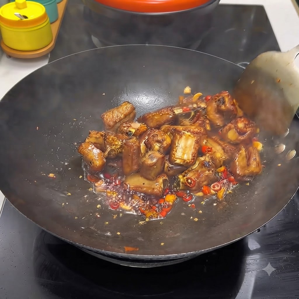 Des côtes de porc assaisonnées mijotant dans du liquide à lintérieur dun wok en train dêtre remuées avec une spatule.
