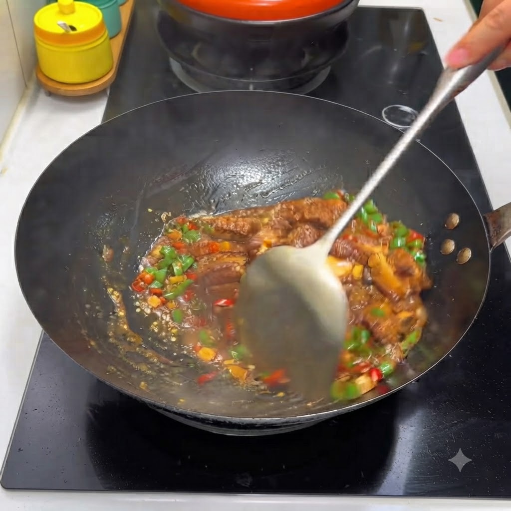 Mélanger des côtes de porc avec des piments verts et rouges et de la sauce dans un wok.