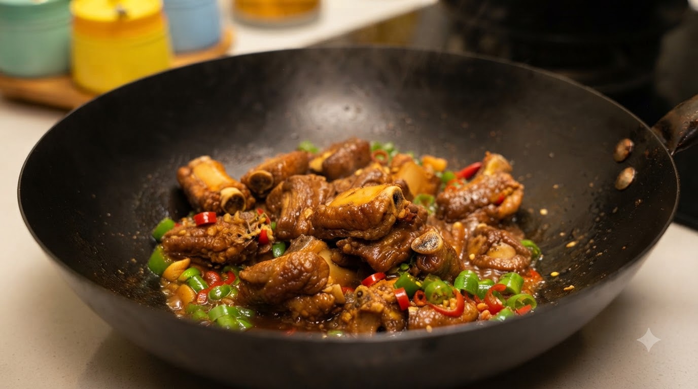 Un gros plan de côtes de porc épicées finies, brillantes dans une sauce sombre et savoureuse avec des tranches de piments rouges et verts vifs dans un wok noir